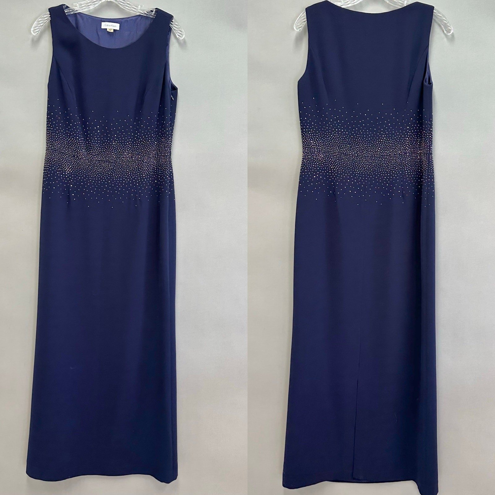 Calvin Klein Navy Rhinestone Gradient Waist Gown Size 10 Sleeveless Maxi Formal
