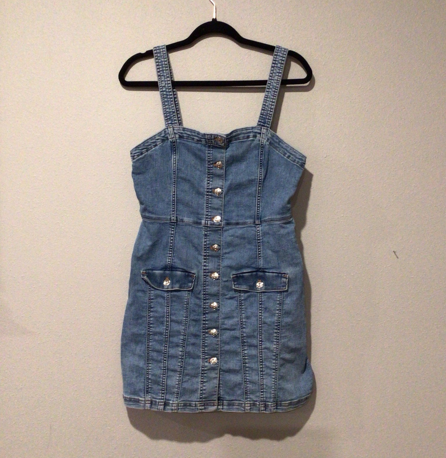 Gilly Hicks Blue Denim Button Front Square Neck Strappy Mini Dress Pockets M
