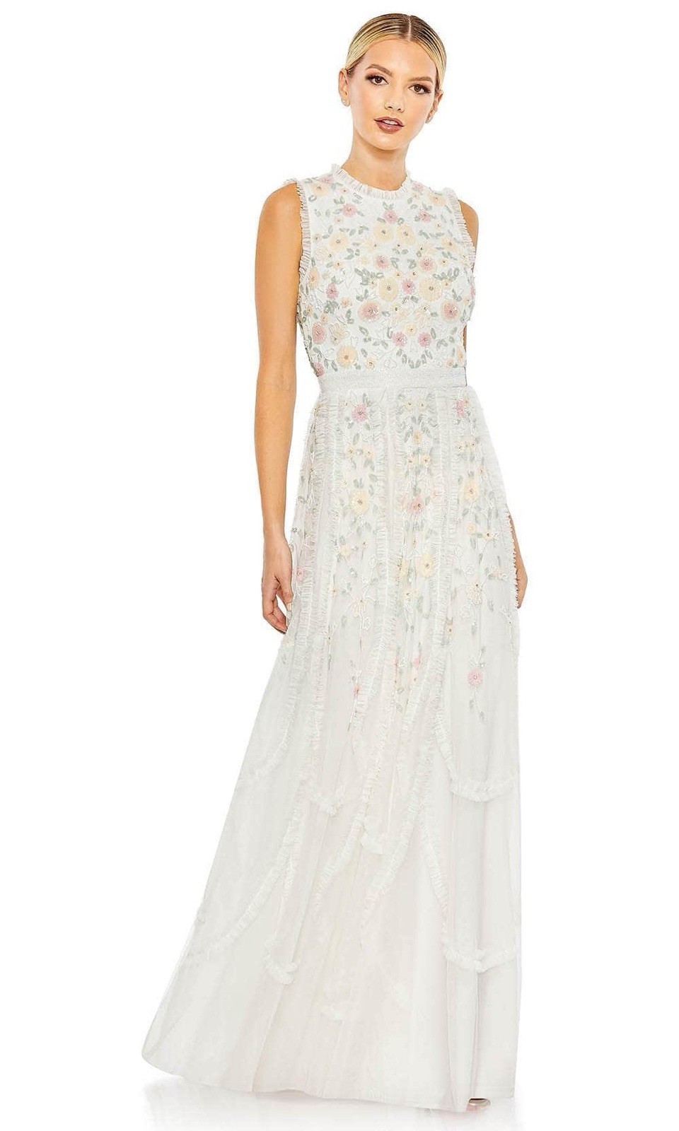 NWT Mac Duggal 9137 Embroidered Mesh Ruffled Gown Ivory Size 6 READ DESCRIPTION