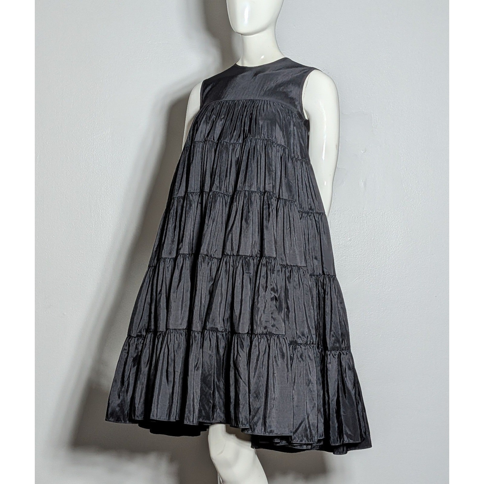 Cecilie Bahnsen Emmi Faille Tiered Midi Dress Black UK10 US6 Sleeveless
