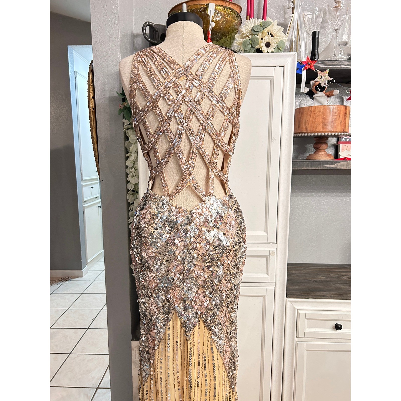 Gold Silver Sequin Formal Gown High Slit Maxi Dress MEDIUM Holiday Prom Party
