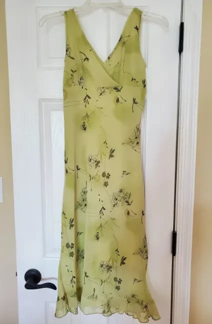 READ! Vintage Y2K Green Chiffon Overlay Surplice Plunge Fairycore Midi Dress