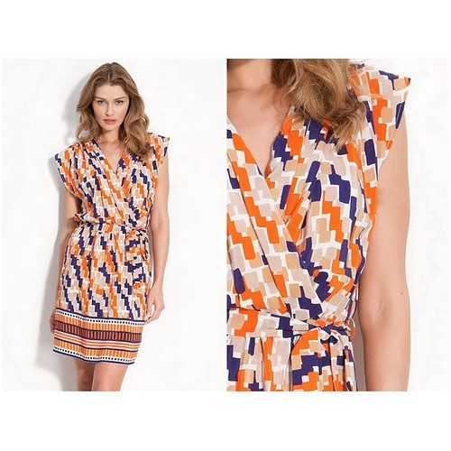 Presley Skye 100% Silk Dress Large Belted Pockets Geometric Print Navy Orange