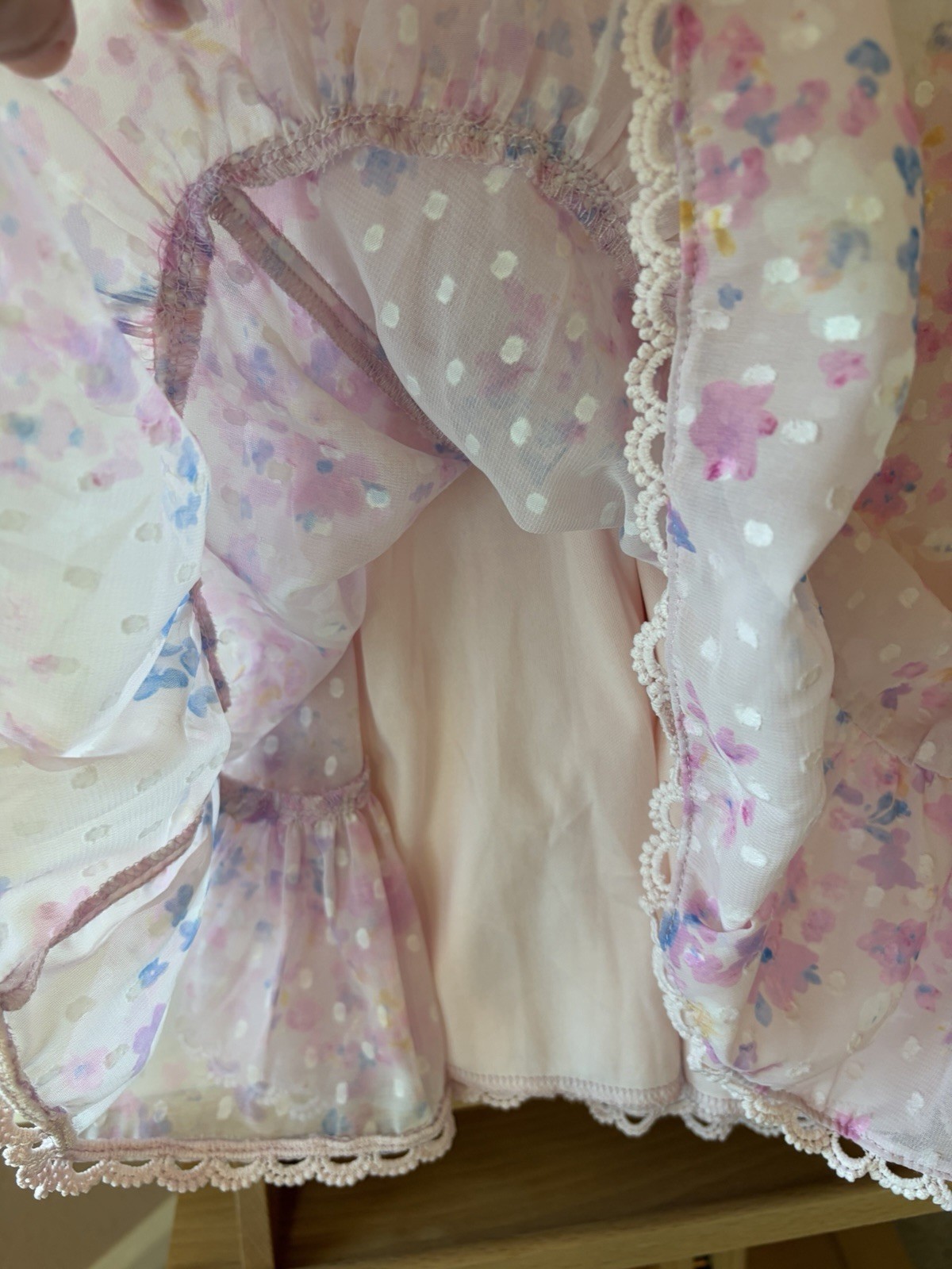 Lucy in the Sky Pink Floral Dotted Ruffle Dress Lace Up Back Mini M fits XS/S