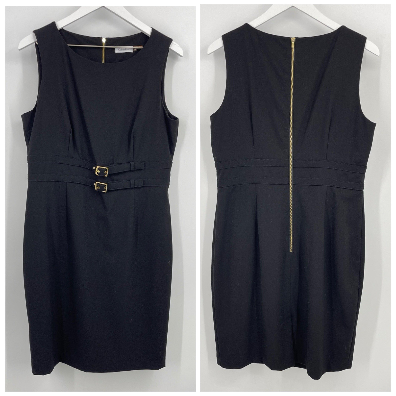 Calvin Klein Sleeveless Black Sheath Dress Gold Zipper Buckle Waist Size 12