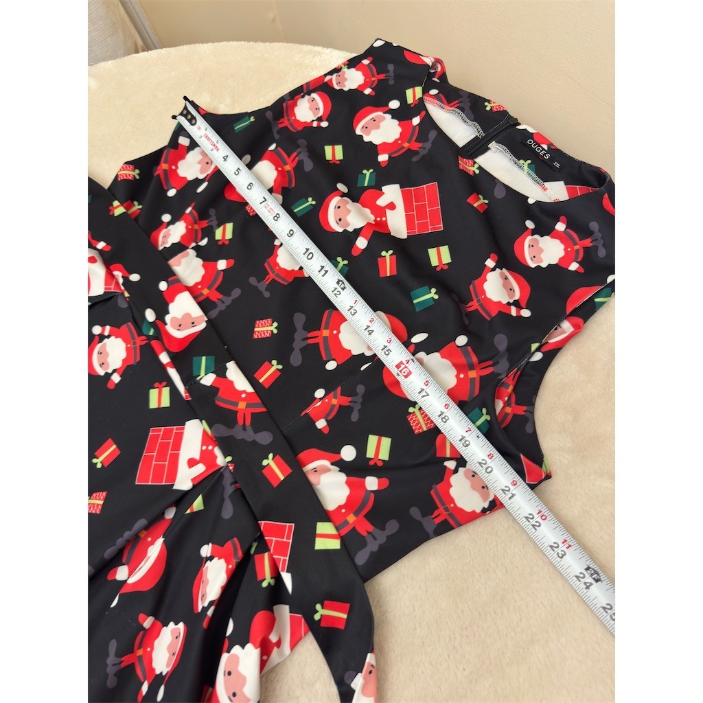 OUGES Dress Womens 2XL Black Santa Claus Christmas Print Fit & Flare Belt