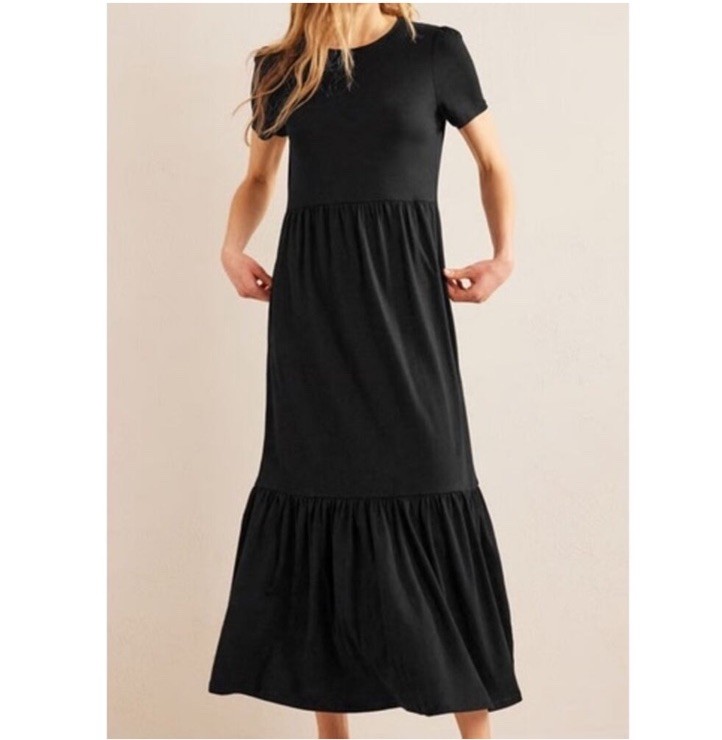 Boden Classic Crew Neck Cotton Tencel Tiered Black Dress