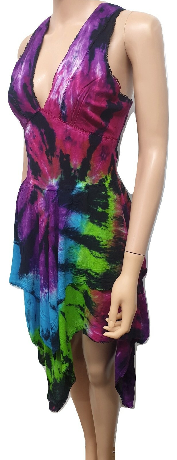 Boho Dress Tie Dye Summer Pixie Asymmetric Flowy Rayon One Size 8 10 12 14