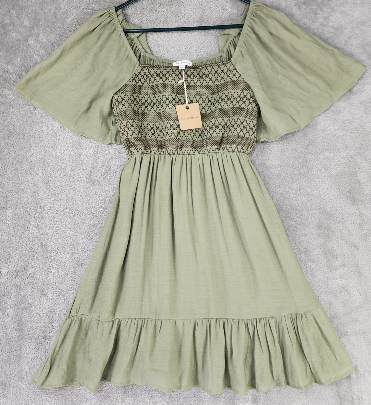 Blu Pepper Dress Womens Small Olive Green Square Neck Ruffled Mini Knee Length