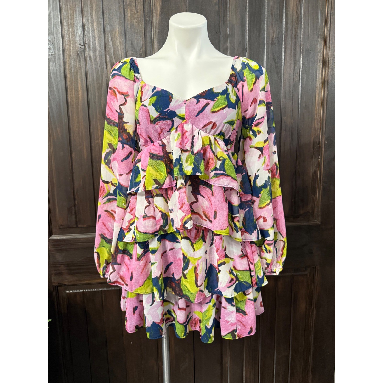 Abercrombie & Fitch Floral Tiered Ruffle Mini Dress Pink Green Long Sleeve NEW