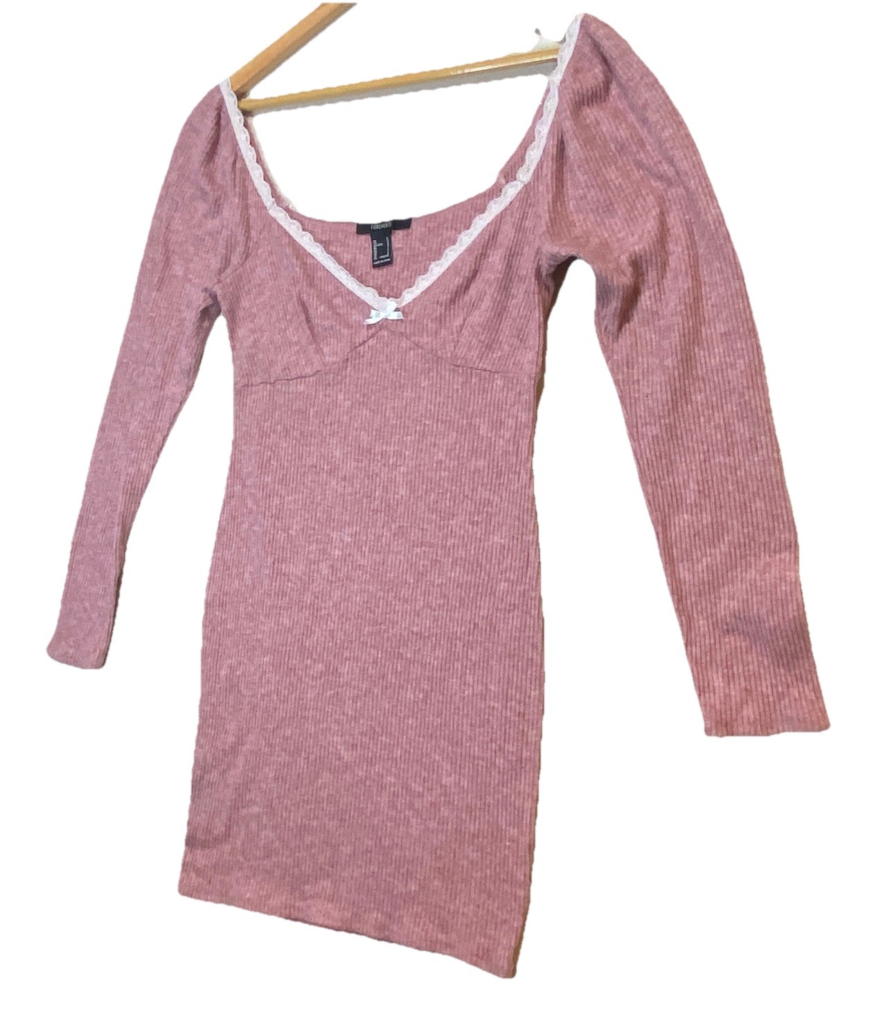 Babydoll Dress Womens L Pink Sweater Ribbed Lace Trim Boho Festival Forever 21