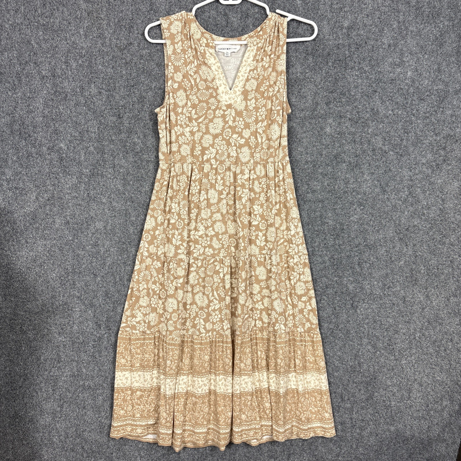 Lucky Bracnd Dress Womens Size PM Brown Floral Tiered Cottage Casual Summer