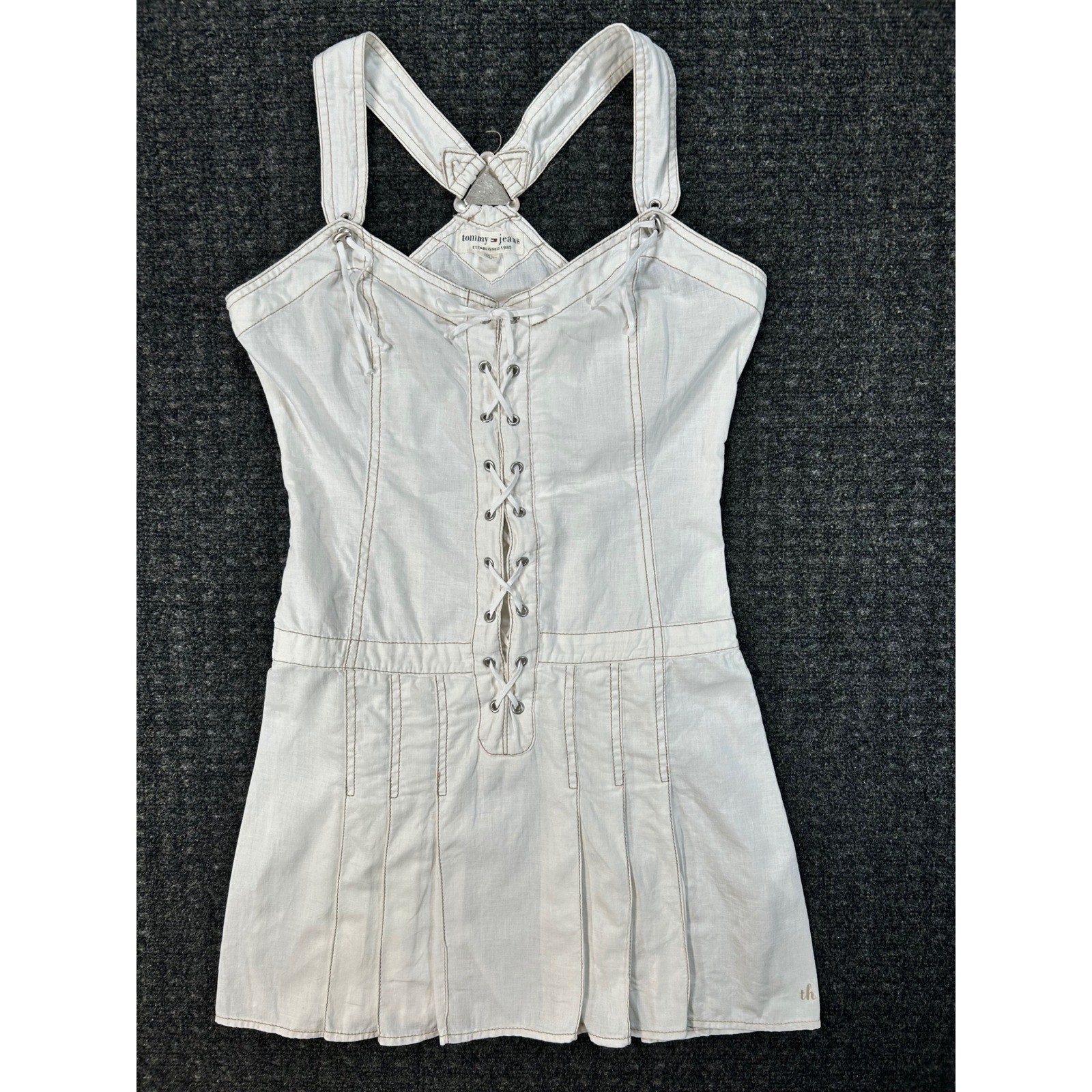 Coastal Cowgirl Y2K Boho Tommy Jeans White Linen Lace Up Corset Mini Dress XS