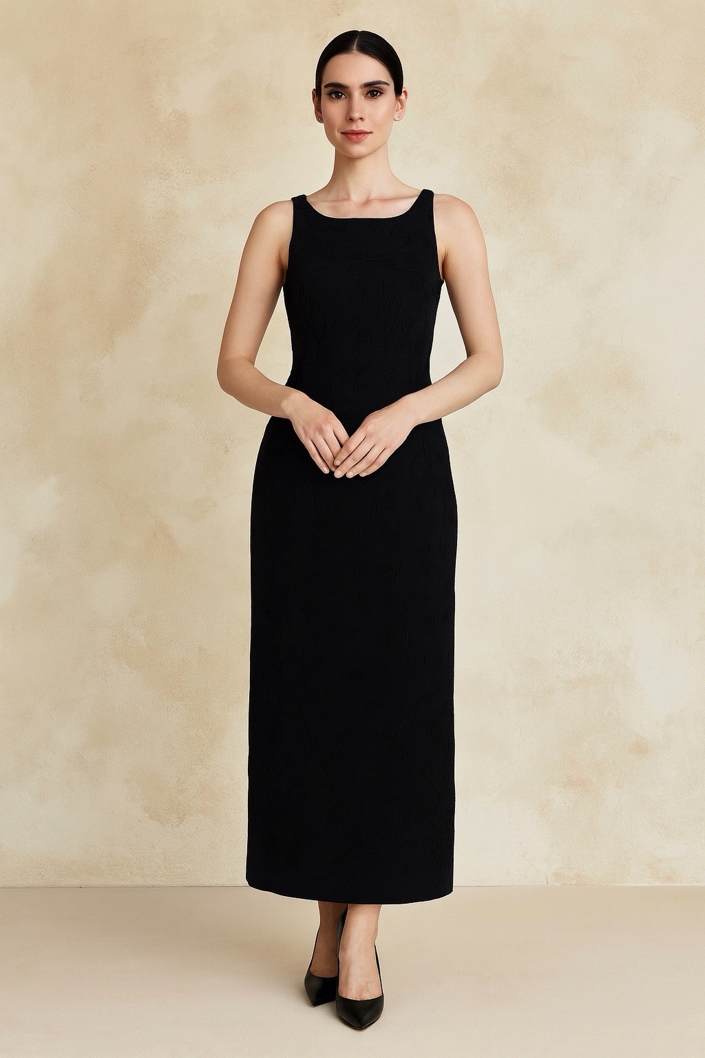 Marie St. Claire Black Embroidered Midi Dress SZ 6 Glam Evening Whimsy Timeless