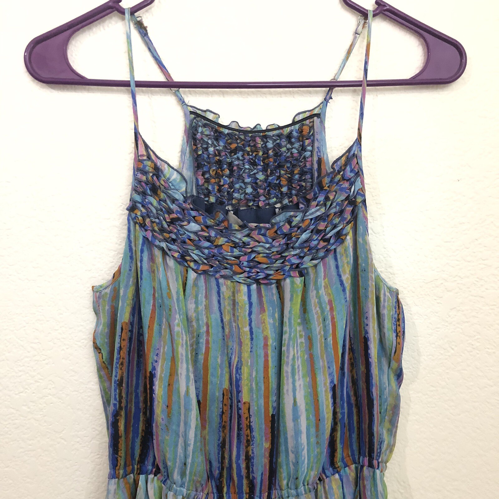 Presley Skye Small Long Maxi Dress Braided Spaghetti Strap Pockets Watercolor