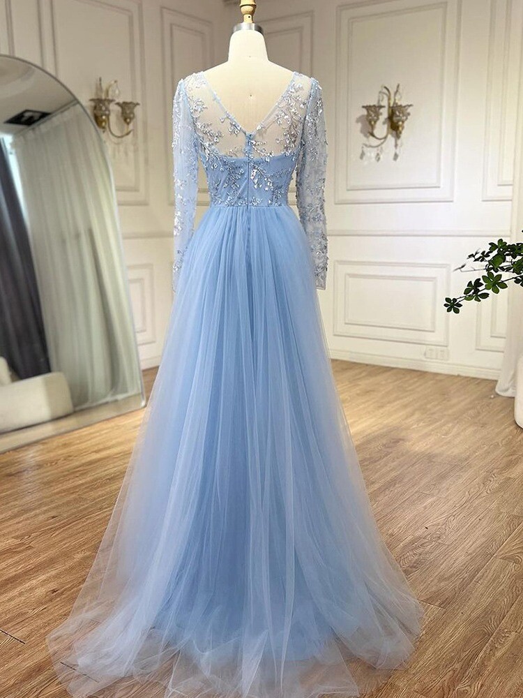 Long Sleeve Sky Blue Beaded Lace Mermaid Tulle Overlay Formal Evening Gown