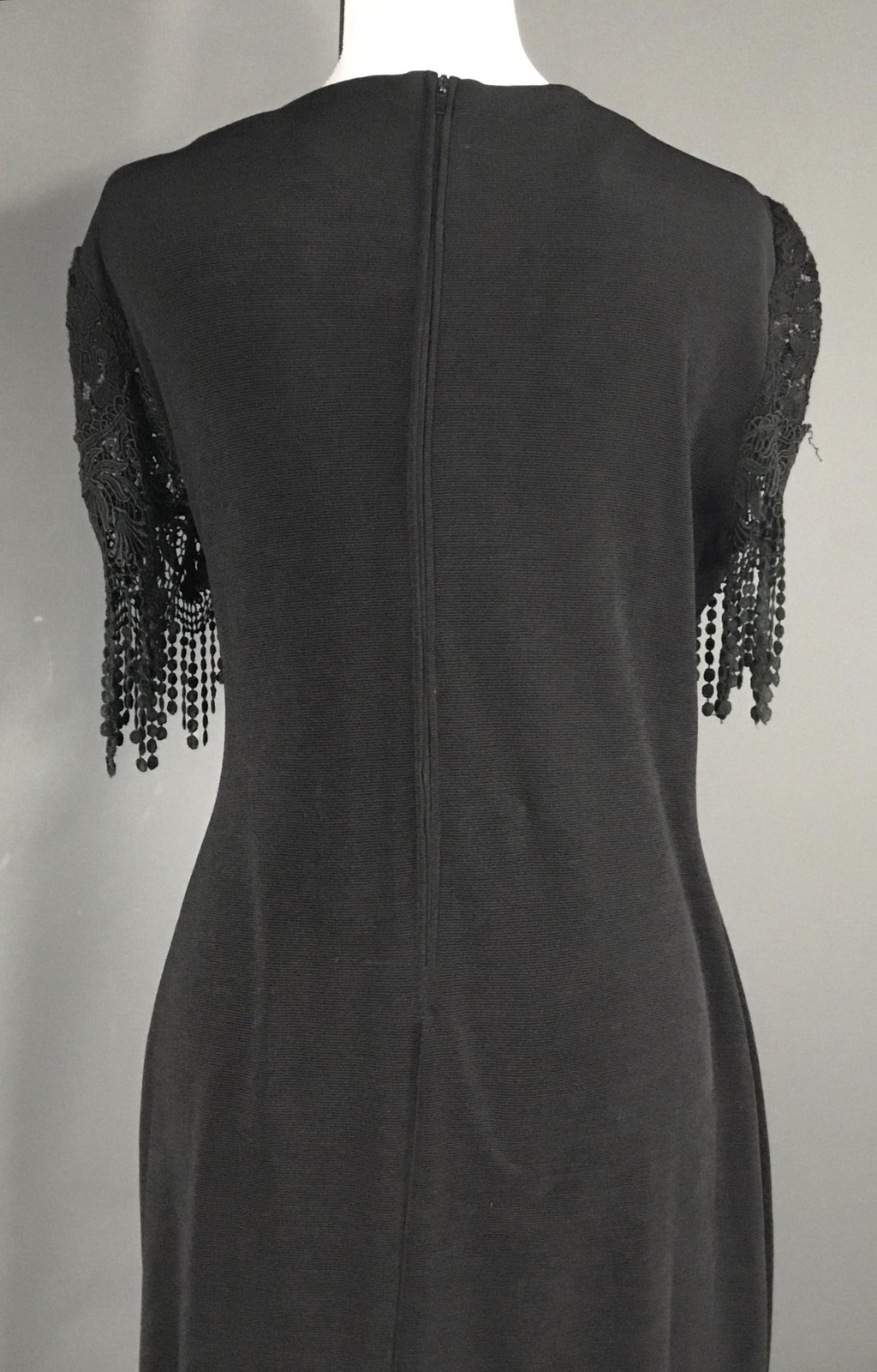 Maxima Dress Womens XL Black Sheath Maxi Short Flutter Sleeve Fringe Zip