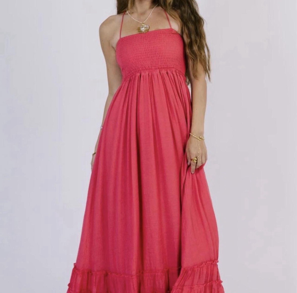 Grey Bandit Pink Smocked Square Neck Spaghetti Strap Ruffle Maxi Dress L