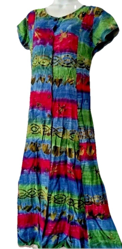 Vintage Batik Dress M Flowy Rayon Boho Hippie Festival Midi Sundress Elephants