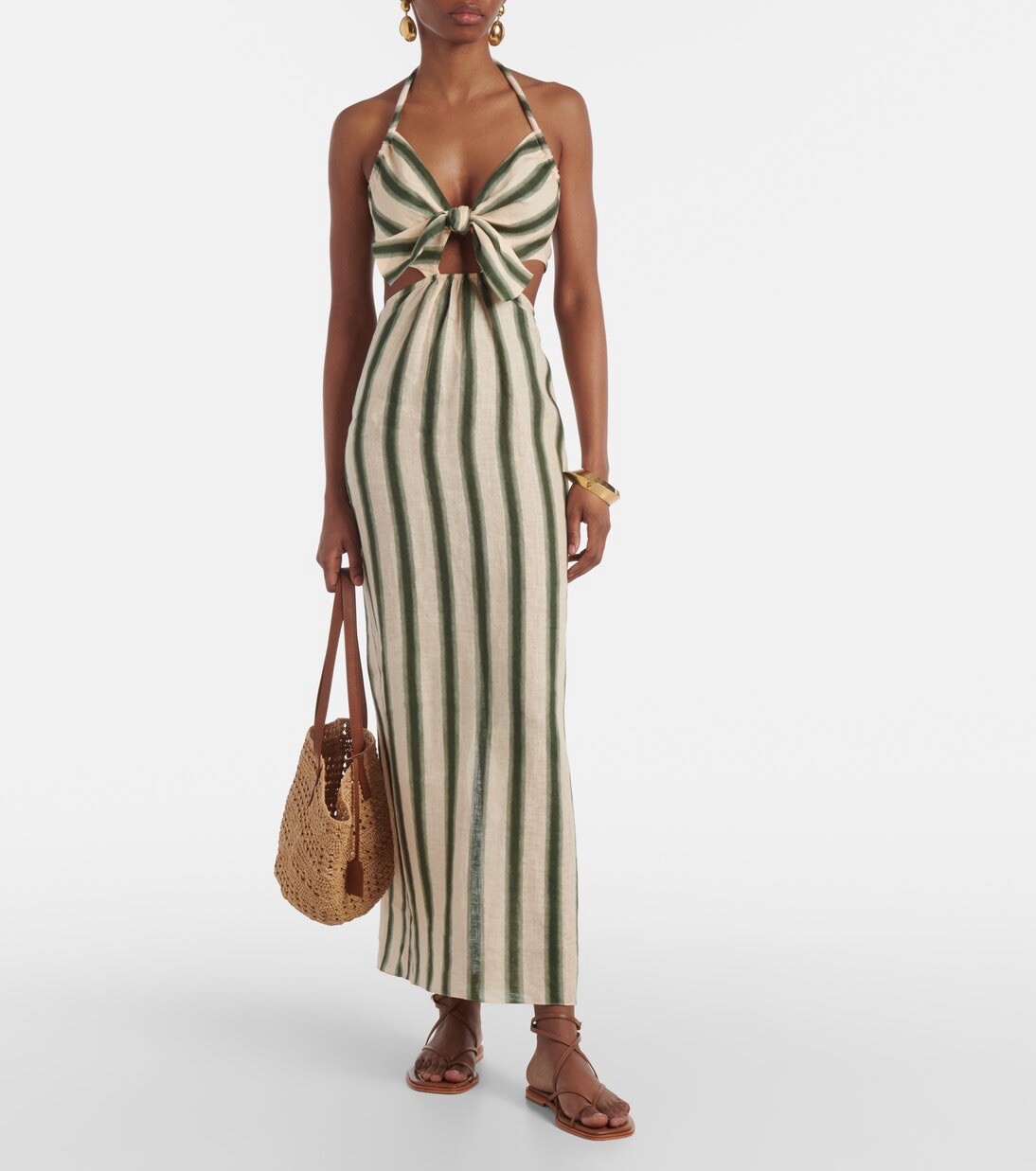 JOHANNA ORTIZ Los Siete Mares Ankle Midi Dress Linen Striped Cutout Ecru Green 6