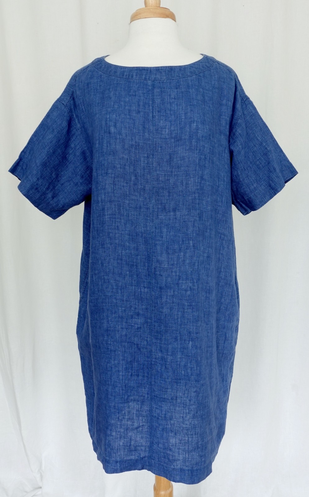 MUJI 100% Linen Round Neck Shirt Dress Pockets Nautical Blue size Large