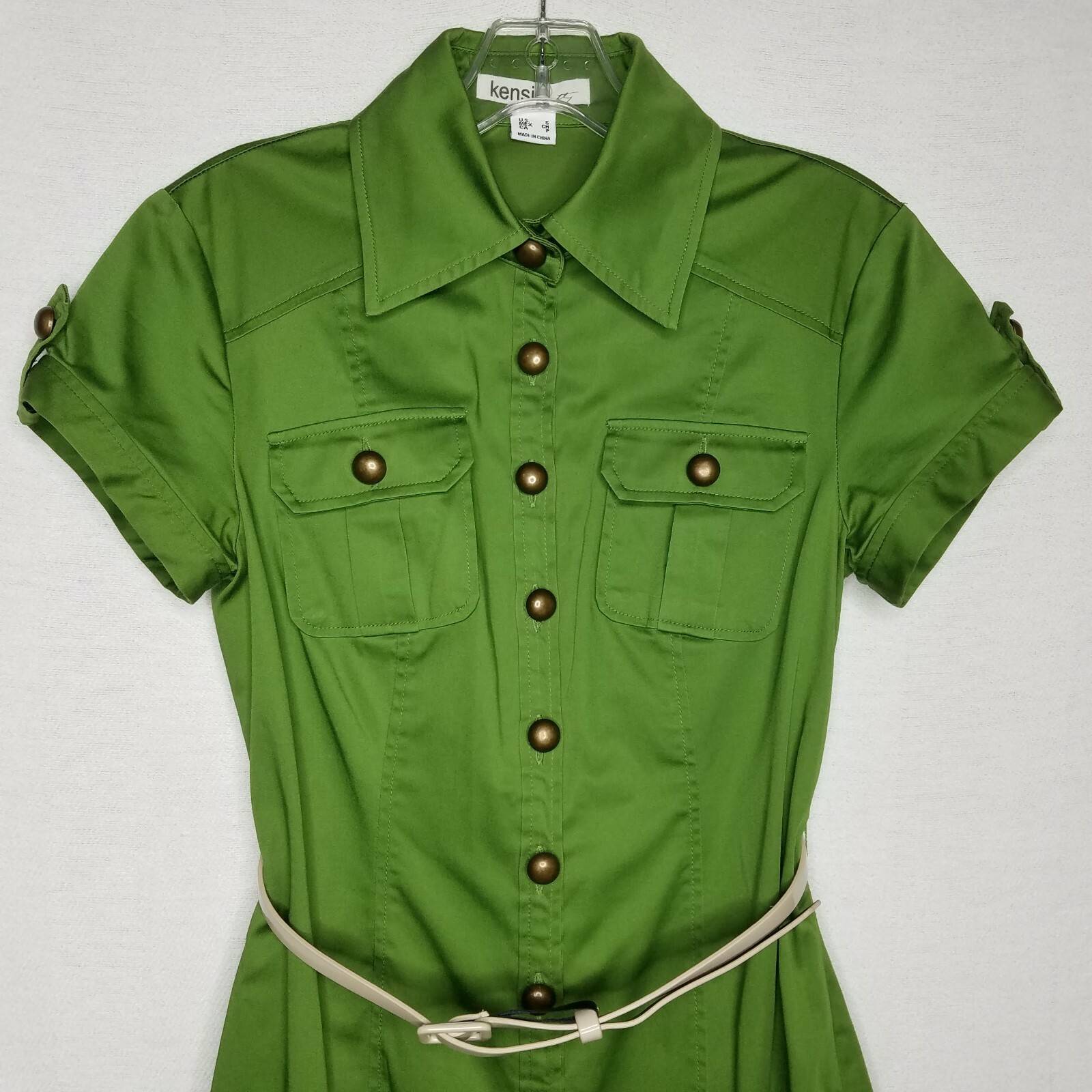 Kensie Pretty Dress Ruffle Button Down S/S Belted Pockets Green Size S K214P