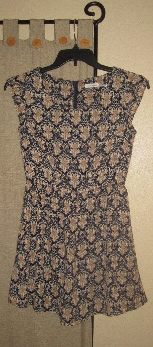 S Small 6 8 dress Blu Pepper navy gold tan cream fully lined