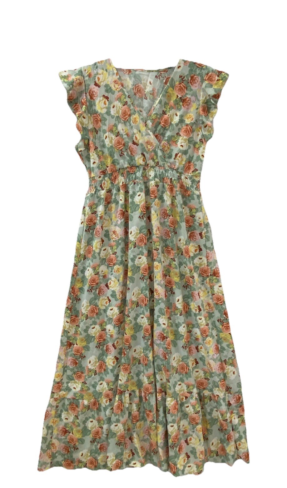 Shien Ruffled Maxi Dress Floral V-Neck Fit & Flare Flutter Sleeve Woman’s M