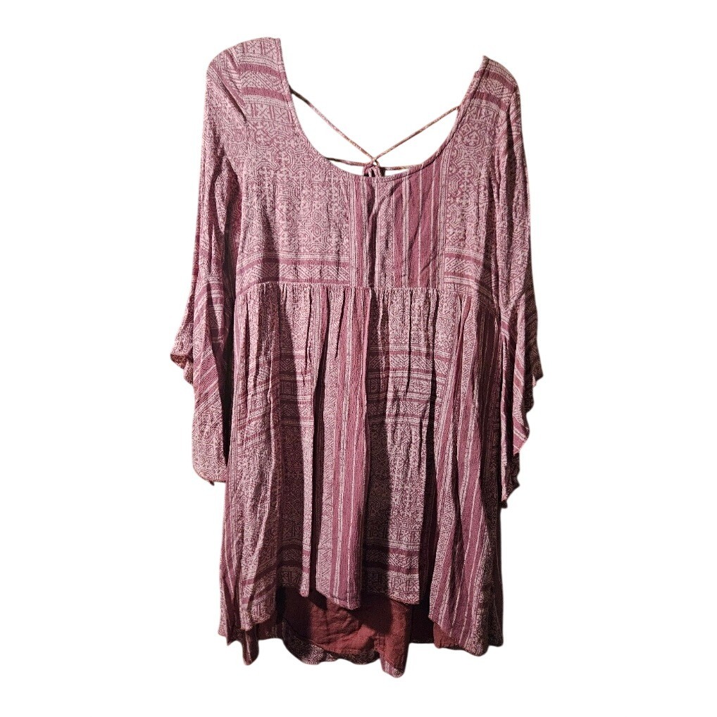 ONeill Womens Large Burgundy Tribal Print Bell Sleeve Babydoll Mini Dress Boho