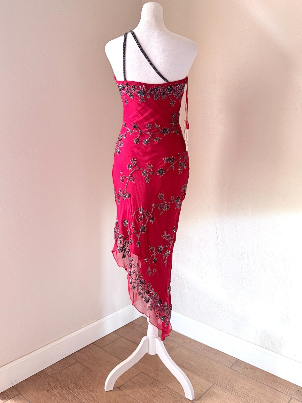 NWT Vintage Scala 1990s Red Silk One Shoulder Beaded Asymmetrical Midi Dress S