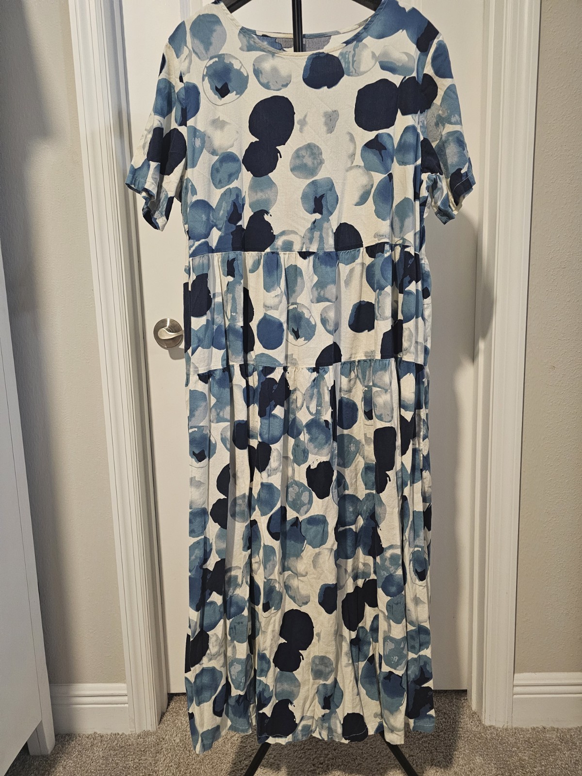 Women’s Blue/White Polka Dot Maxi Dress Round Neck Short Sleeve Regular XL