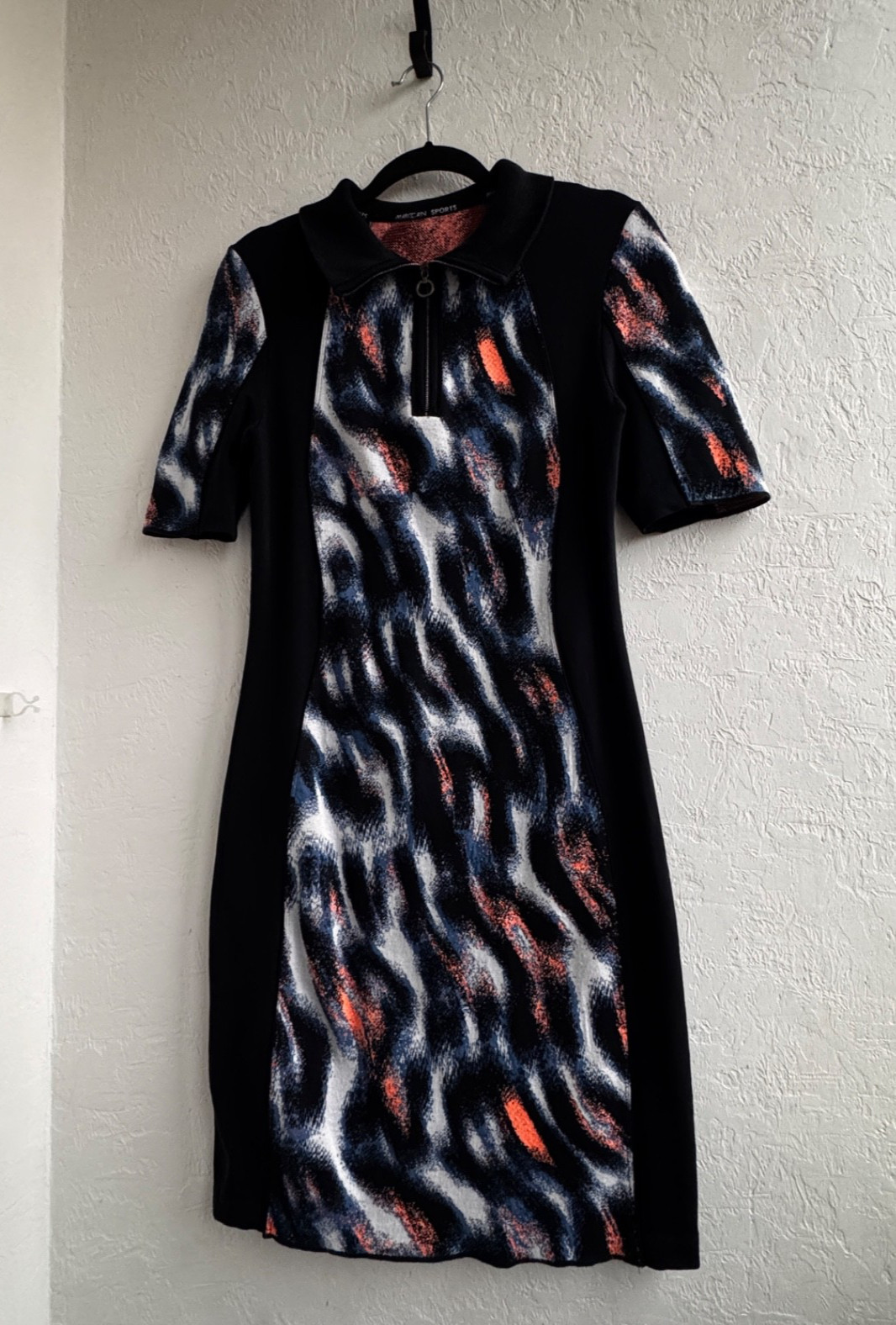 Marc Cain Sports Dress Sz S Kleid Abstract Print Jersey Midi Fitted Zip Collar