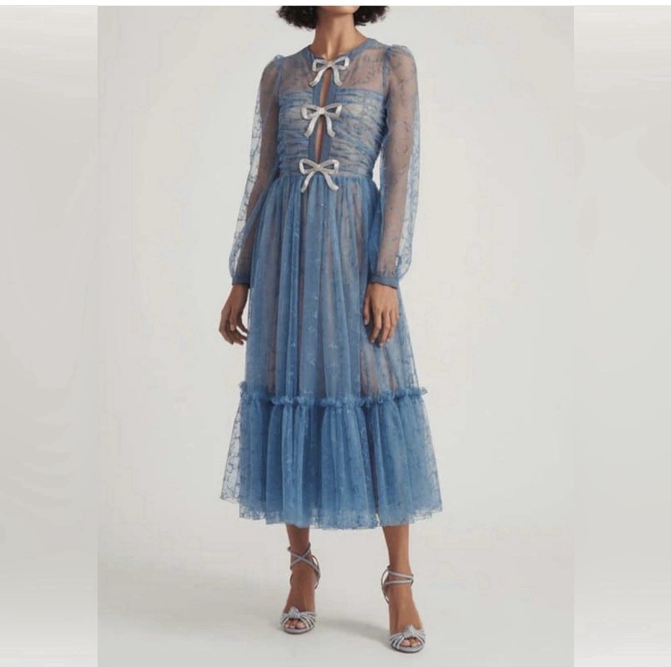 Blue Sheer Tulle A-Line Midi Dress Round Neck Long Sleeve Bow Ruffle Tie