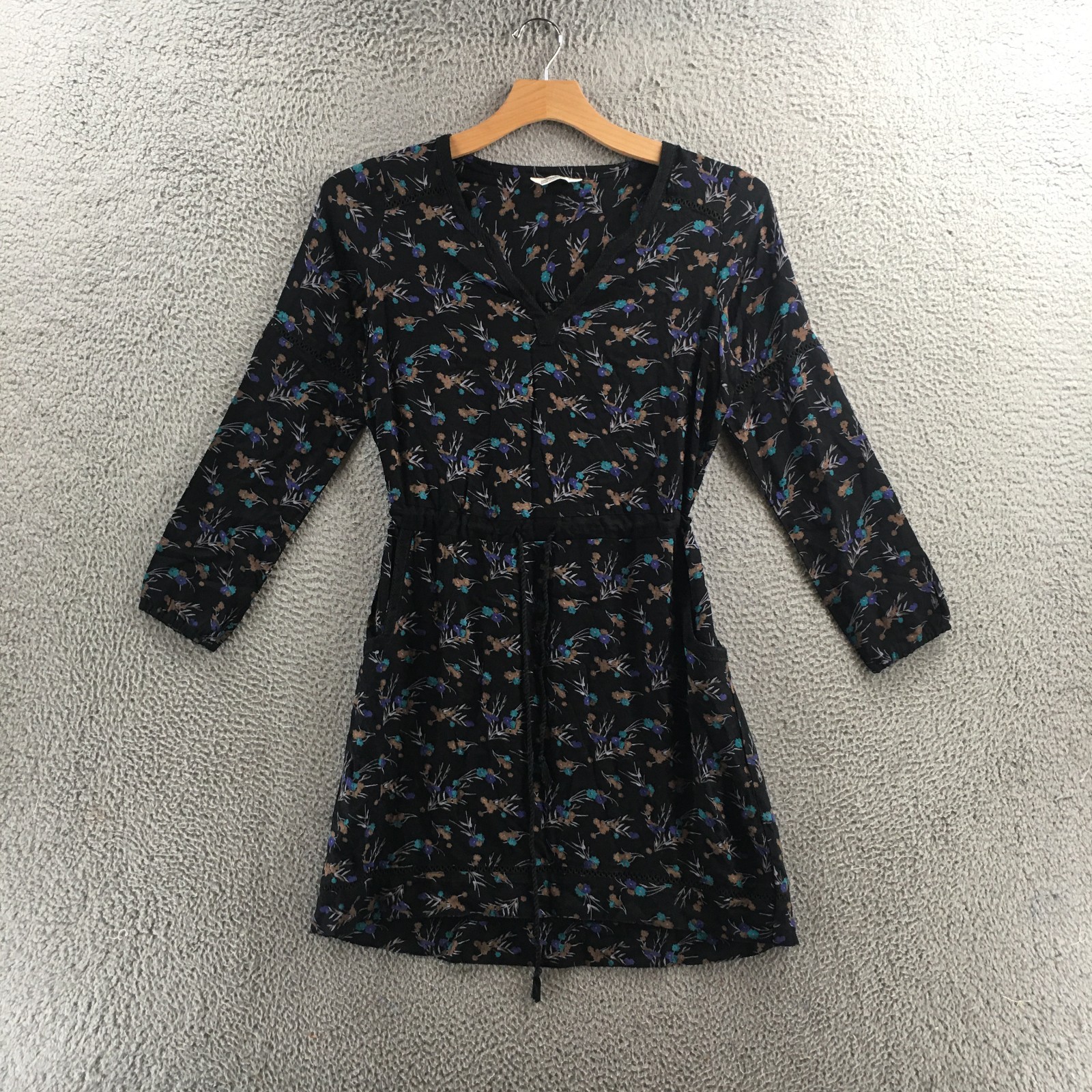 Mountain Khakis Fit And Flare Dress Womens Large Black Longsleeve V Neck Floral