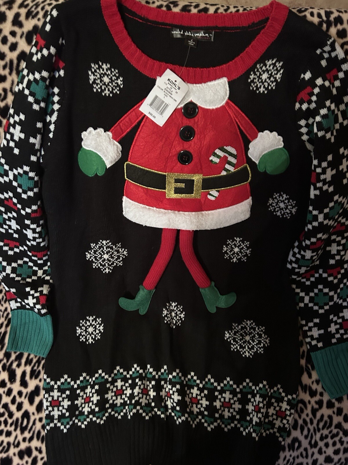 United States Sweaters Santa Sweater Dress Tunic Black Red Multi Sz L NWT