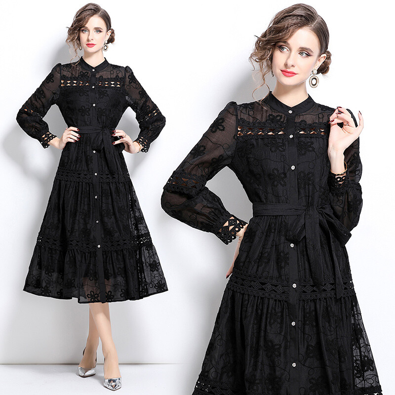 Spring Fall Floral Embroideried Hollow Out Mock Neck Bow Tie Women Lace Dresses