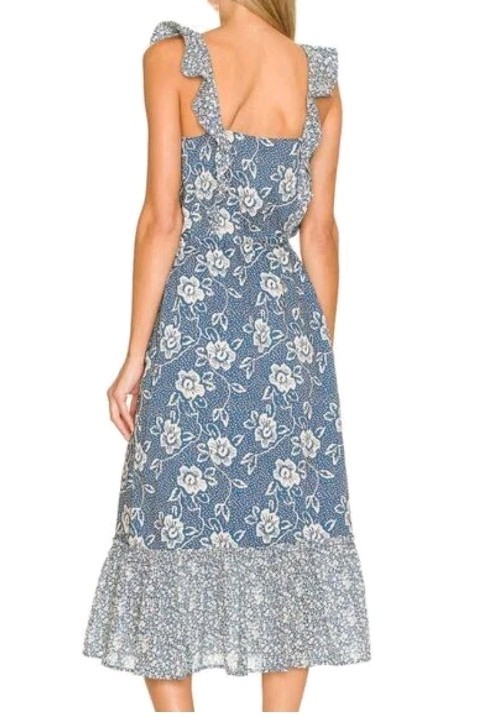 PAIGE Poppy Flutter Sleeve Blue Floral Midi Dress Ruffle Tie Waist Coastal Sz S