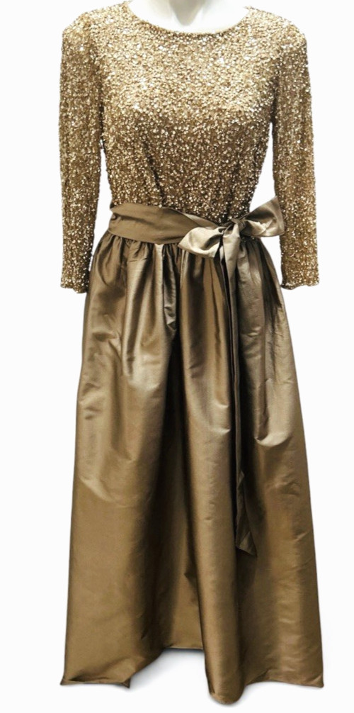 Pisarro Nights Size 12 NWT Light Mocha Gold Sequin & Taffeta Formal Gown