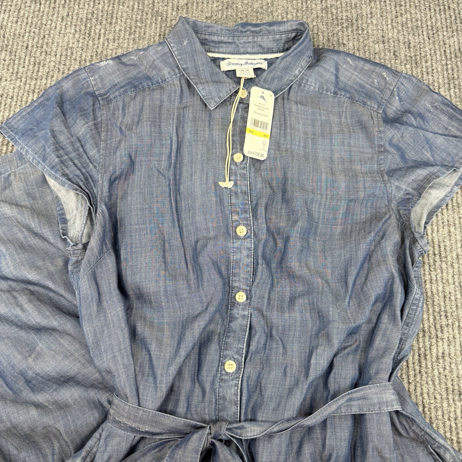 New Tommy Bahama Women’s Mission Beach Indigo Belted Midi Shirt Dress Medium
