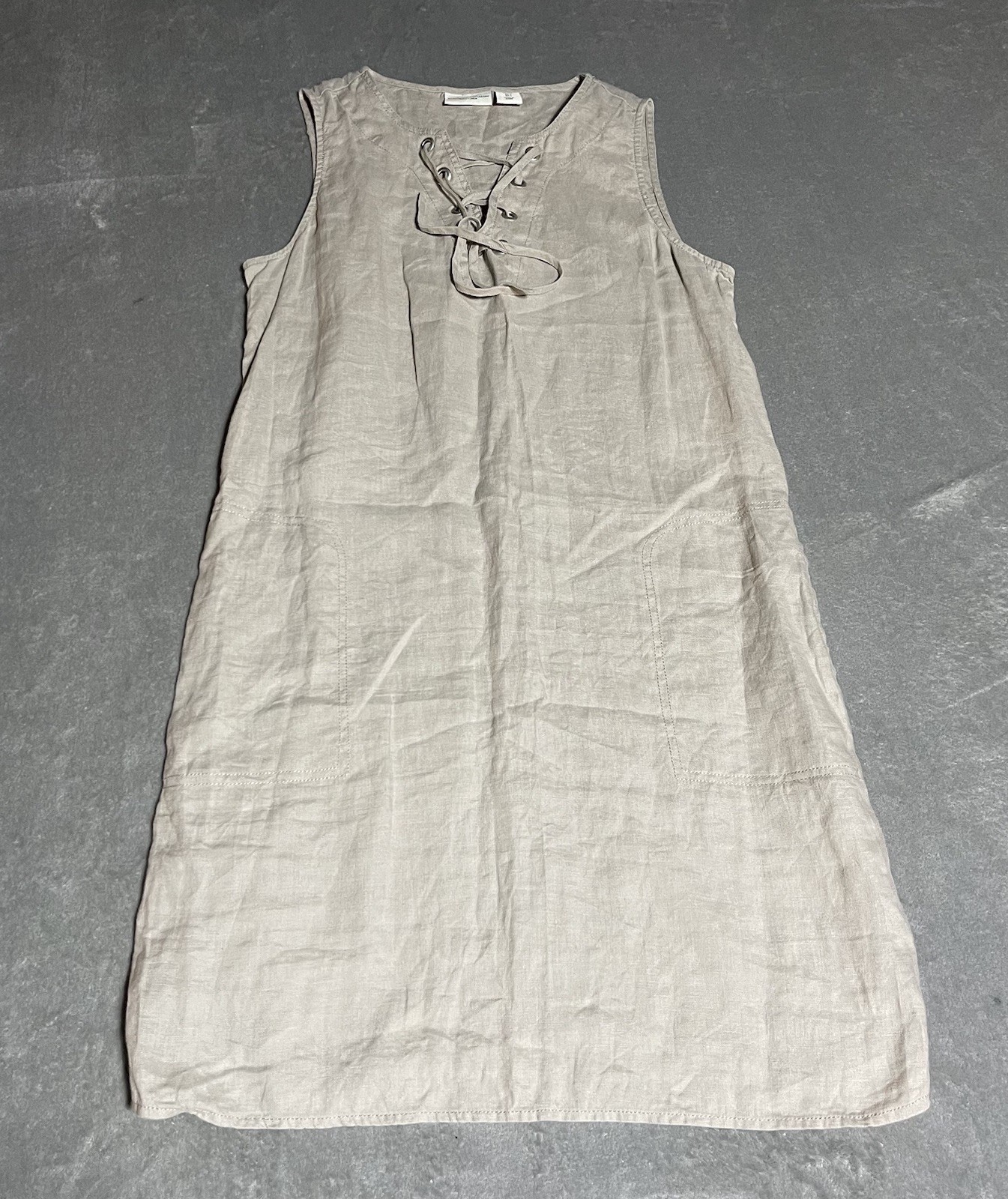 Adrienne Vittadini Linen Dress Womens Small Beige Sleeveless Lace Up V Neck