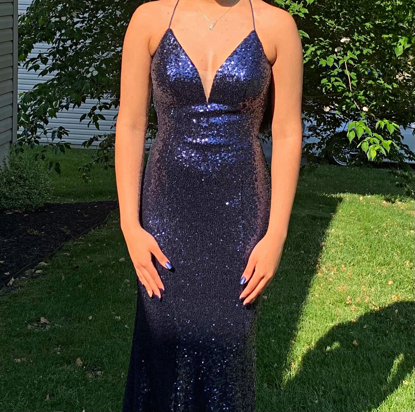 Rated PG by PromGirl Dark Navy Blue Sequin V-neck Dress Size 4