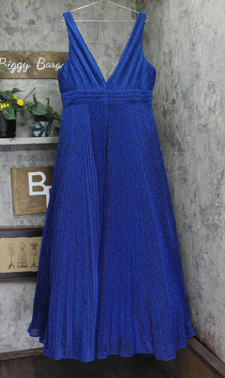 Ieena by Mac Duggal Shimmering Lurex Pleated Maxi Dress Gown Royal Navy Blue 14