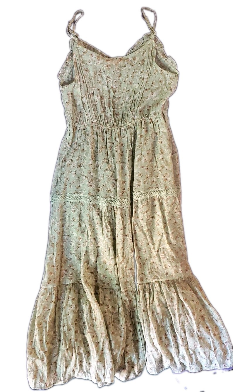 MINE Floral Boho Festival Spring Maxi Dress Mint Green Tiered Lace Trim SZ M