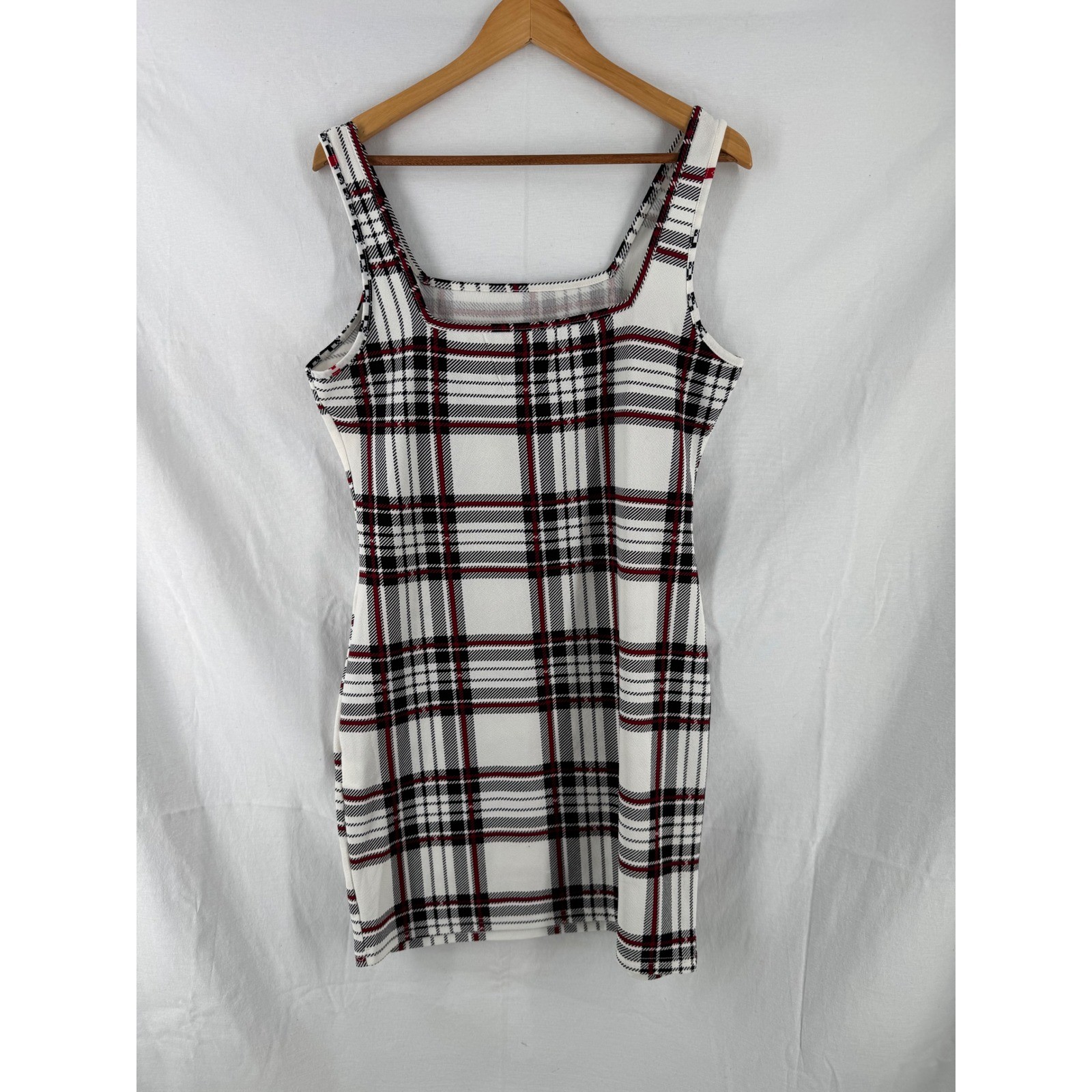 SHEIN Curve Womens 2XL Plaid Square Neck Mini Dress White Black Red Sleeveless