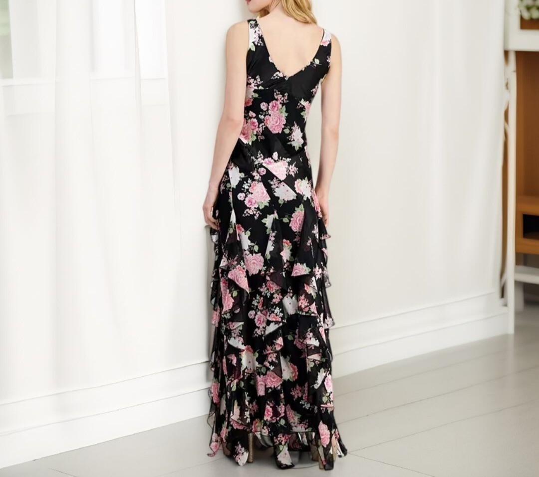 City Studios Womens Juniors Pull On Ruffled Floral Maxi Dress Black Pink NWT