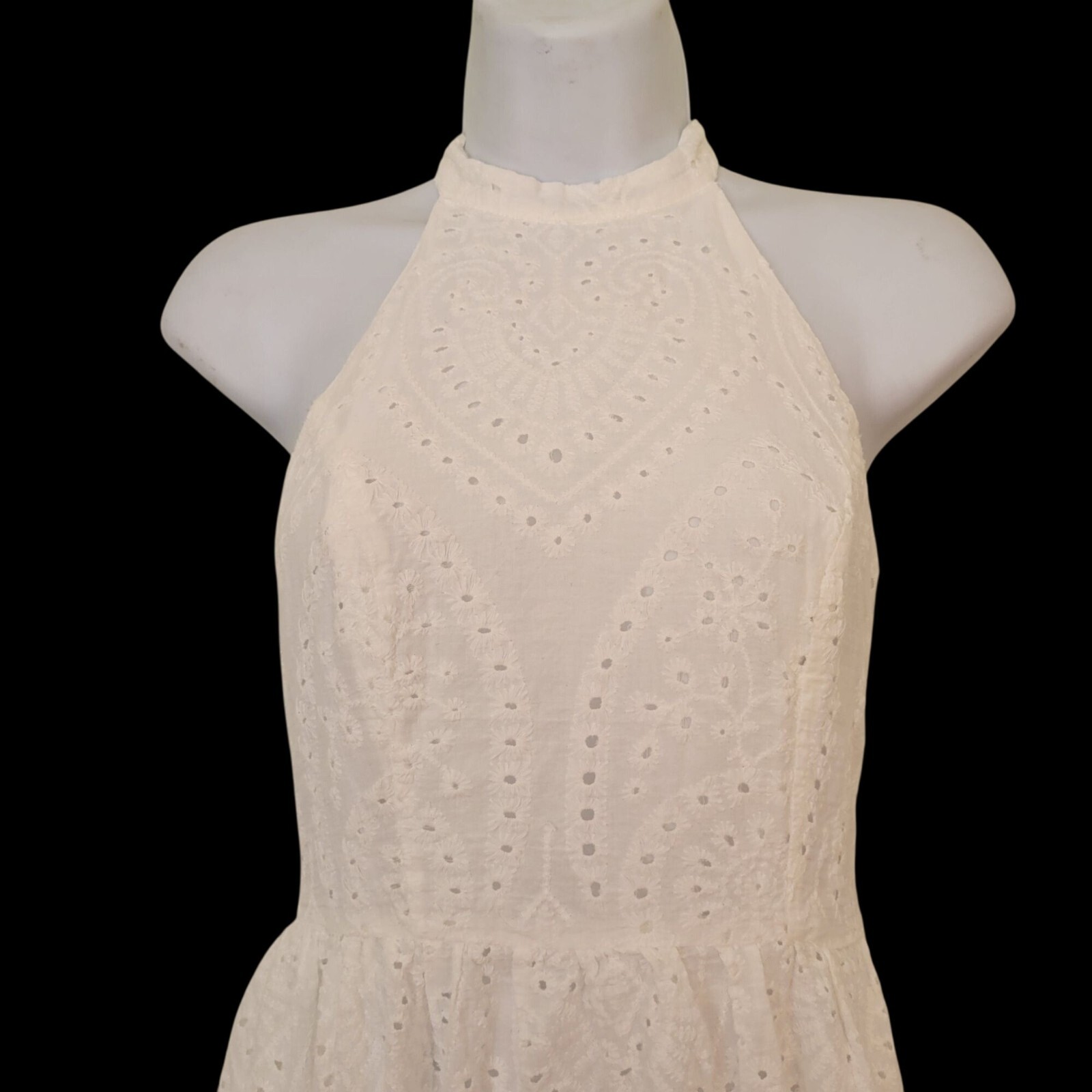 Lulus S White Eyelet Halter Maxi Dress Smocked Back Tie Closure Cotton