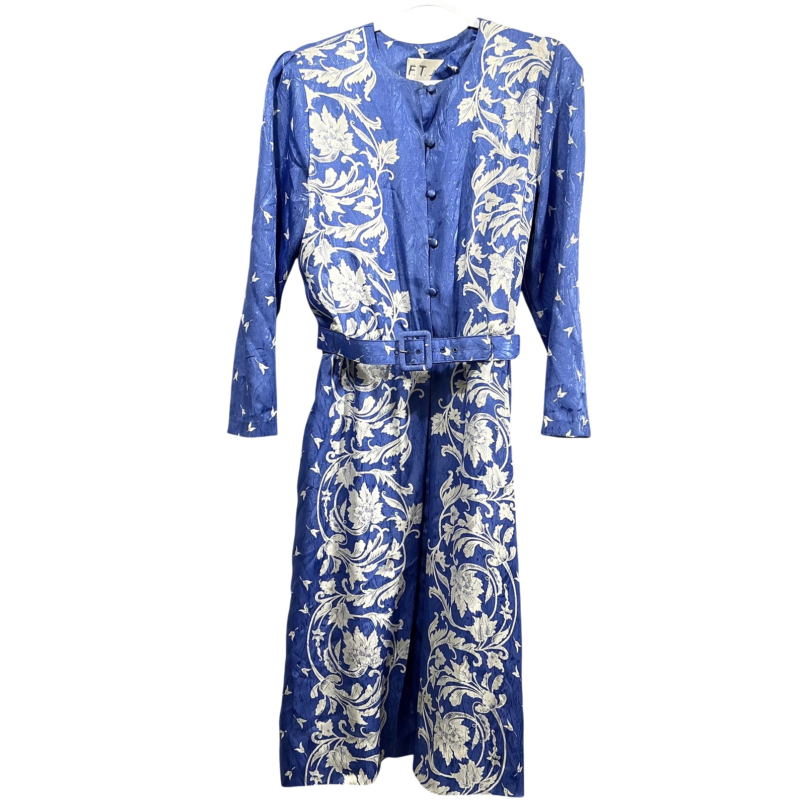 Vtg Silky Satin Dress Womens 10 Blue Floral Jacquard Belted Shirt 46in Long SZ