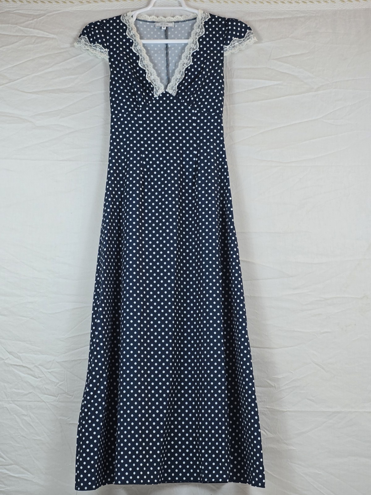 RIHOAS Navy White Polka Dot Lace Trim V-Neck Maxi Dress XS Short Sleeve