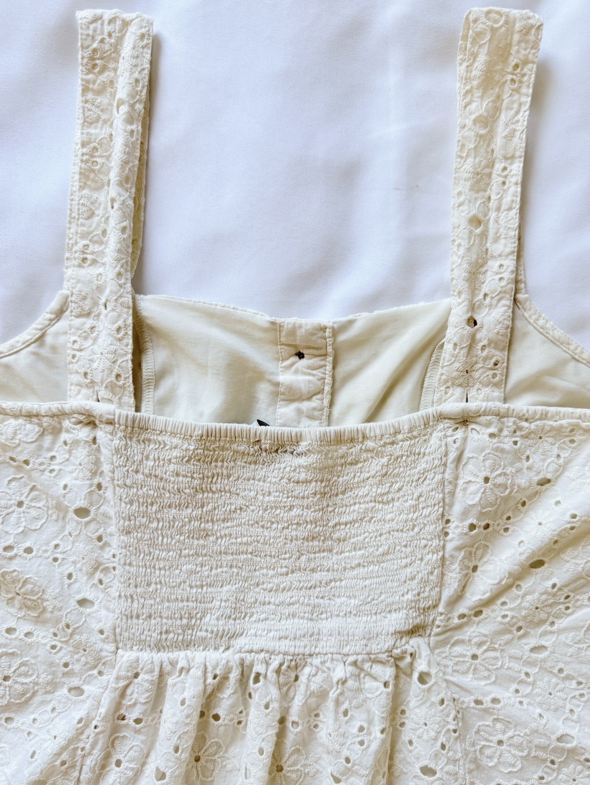 BOHO American Eagle White Cotton Eyelet Square Neck Smocked Mini Dress M