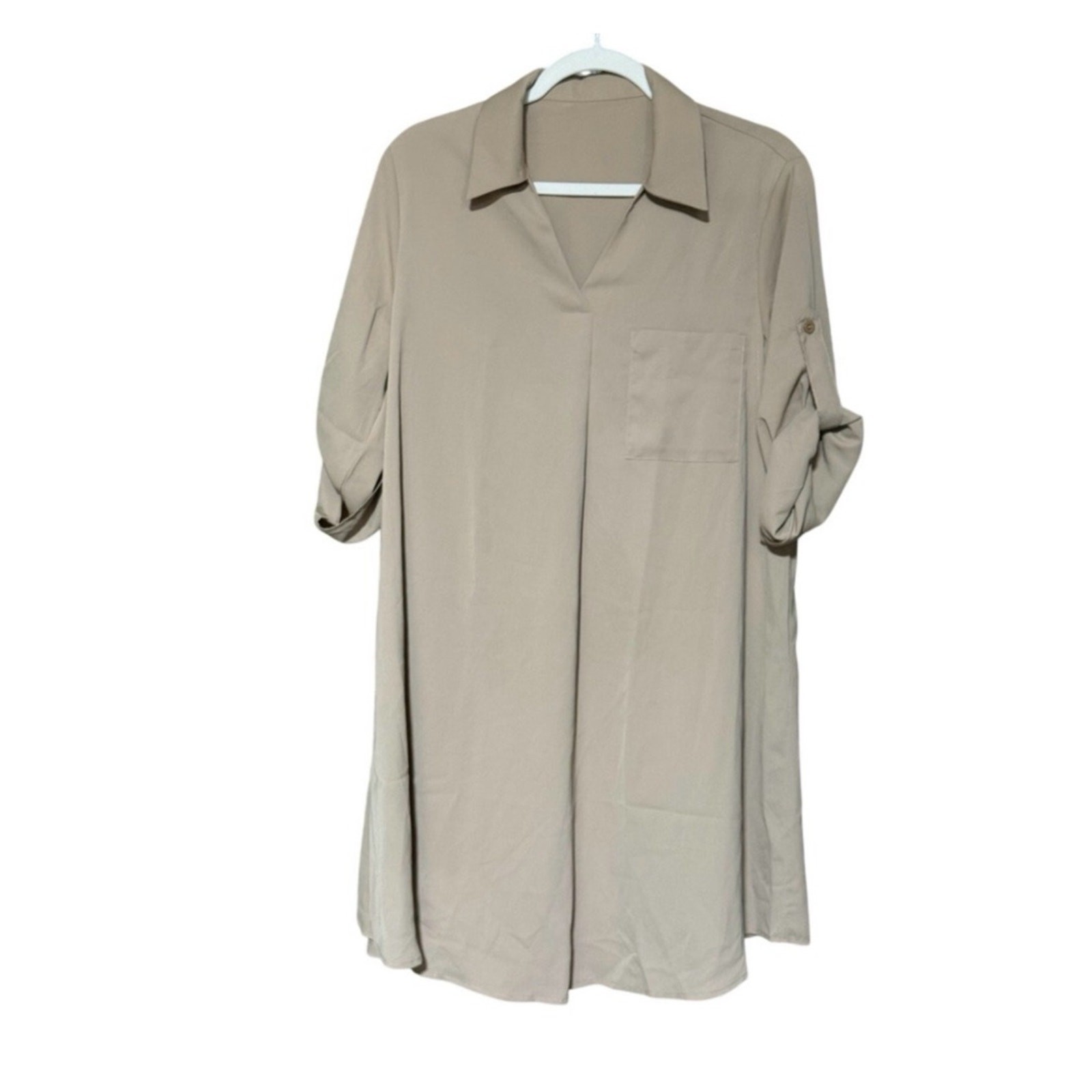 Halara Roll Up Sleeve MISSING BELT Relaxed Work Shirt Dress Pale Khaki size Med